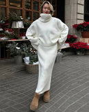 Turtleneck Knit Sweater Midi Skirt Set