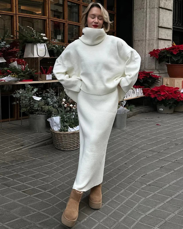 Turtleneck Knit Sweater Midi Skirt Set