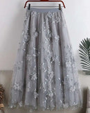 Floral Embroidered Mesh Midi Skirt