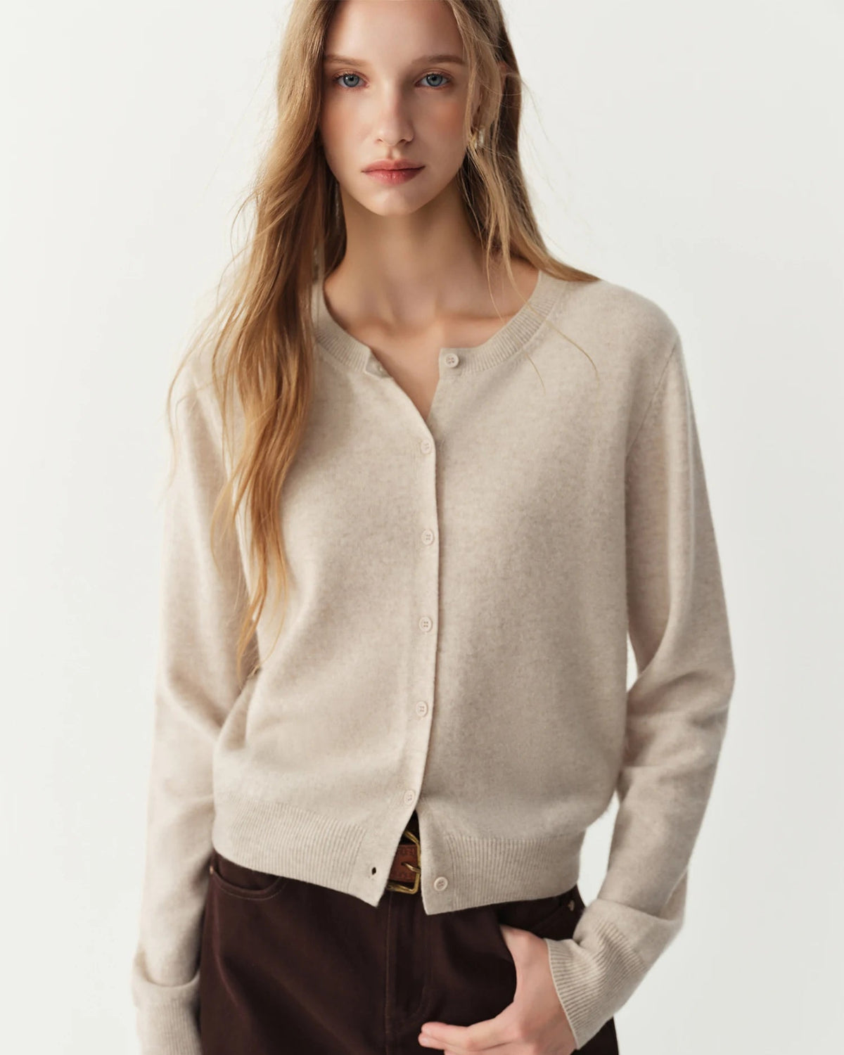 Rib-Trim Wool Crewneck Cardigan