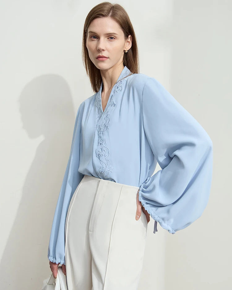 Chiffon Embroidered V-Neck Lantern Sleeve Blouse