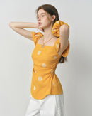Square Neckline Ruffled Sleeve Fashion Linen Shirt