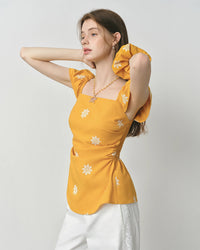 Square Neckline Ruffled Sleeve Fashion Linen Shirt