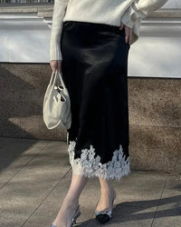 Satin And Lace-Paneled A-Line Midi Skirt