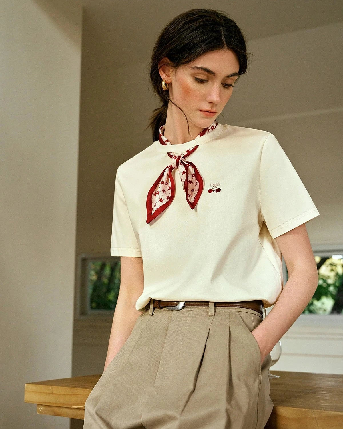 T-Shirt With Embroidered Scarf At The Neckline