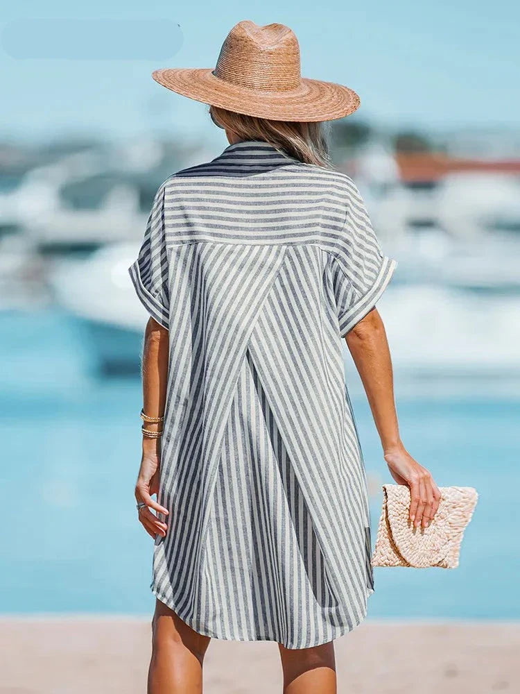 Oversized Striped Short Dolman Sleeve Shirt Dress