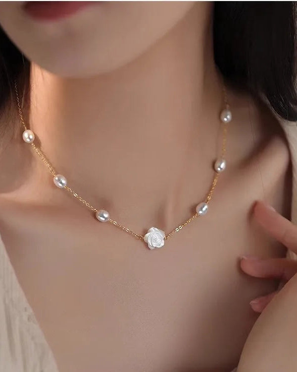 Freshwater Pearl Rose Flower 14K Gold Filled Short Necklace