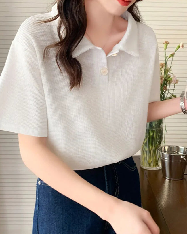 Casual Loose Waffle Knit Polo Top