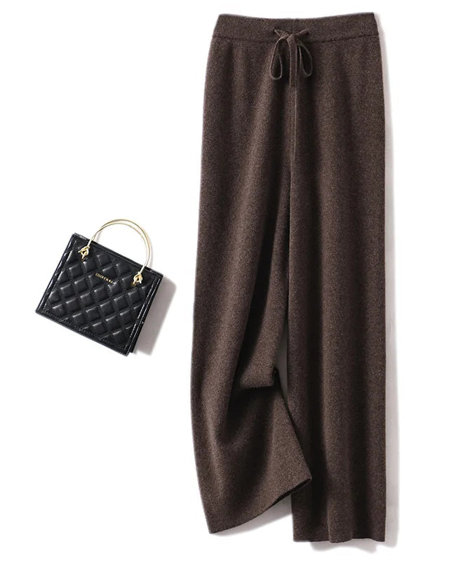 Merino Wool Solid Elastic Waist Wide Leg Knit Trousers