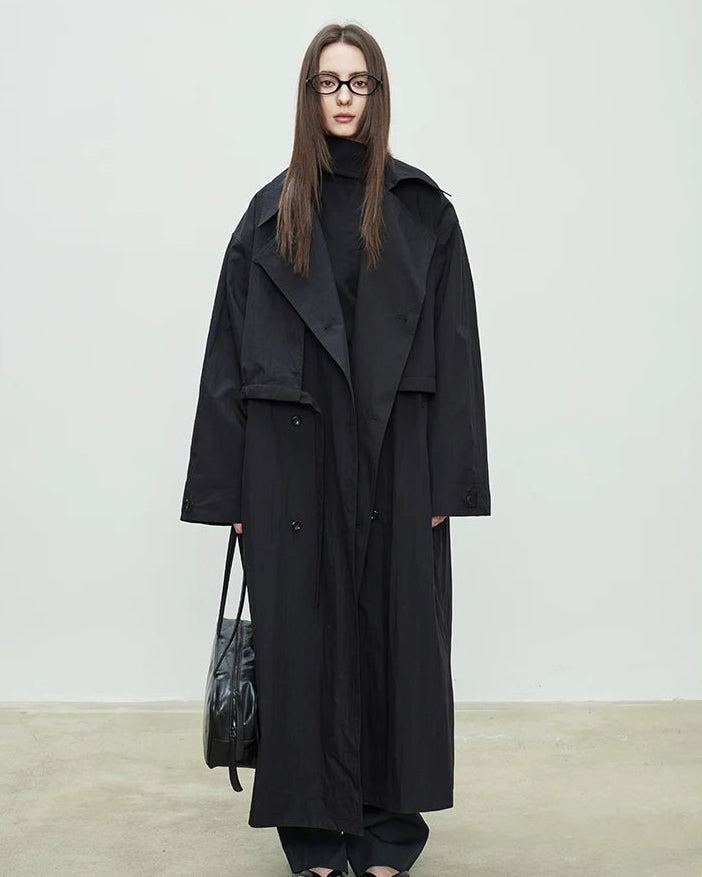 Oversized Double-Breasted Long Trench Coat