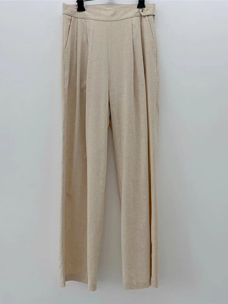 High-Waisted Cotton-Linen Straight Leg Pants