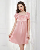 100% mulberry silk mini nightgown with flutter sleeves, square neckline and embroidery detail. Lightweight, skin-kind sleepwear for women in extended sizes.
