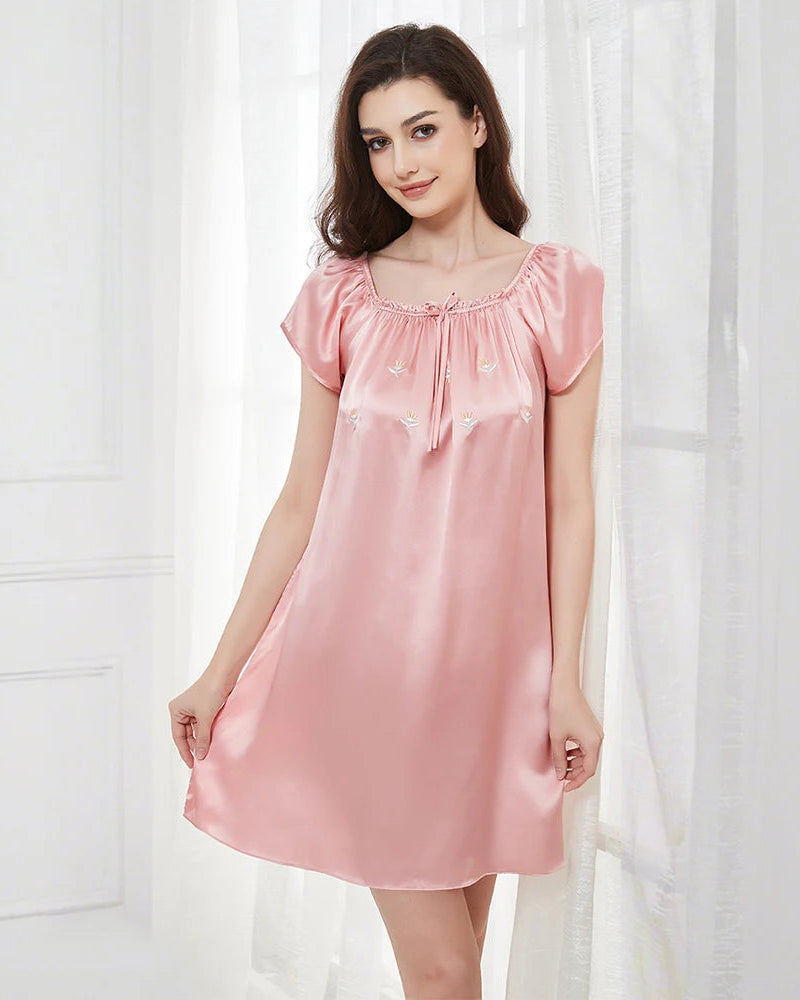 Mulberry Silk Flutter-Sleeve Mini Nightgown