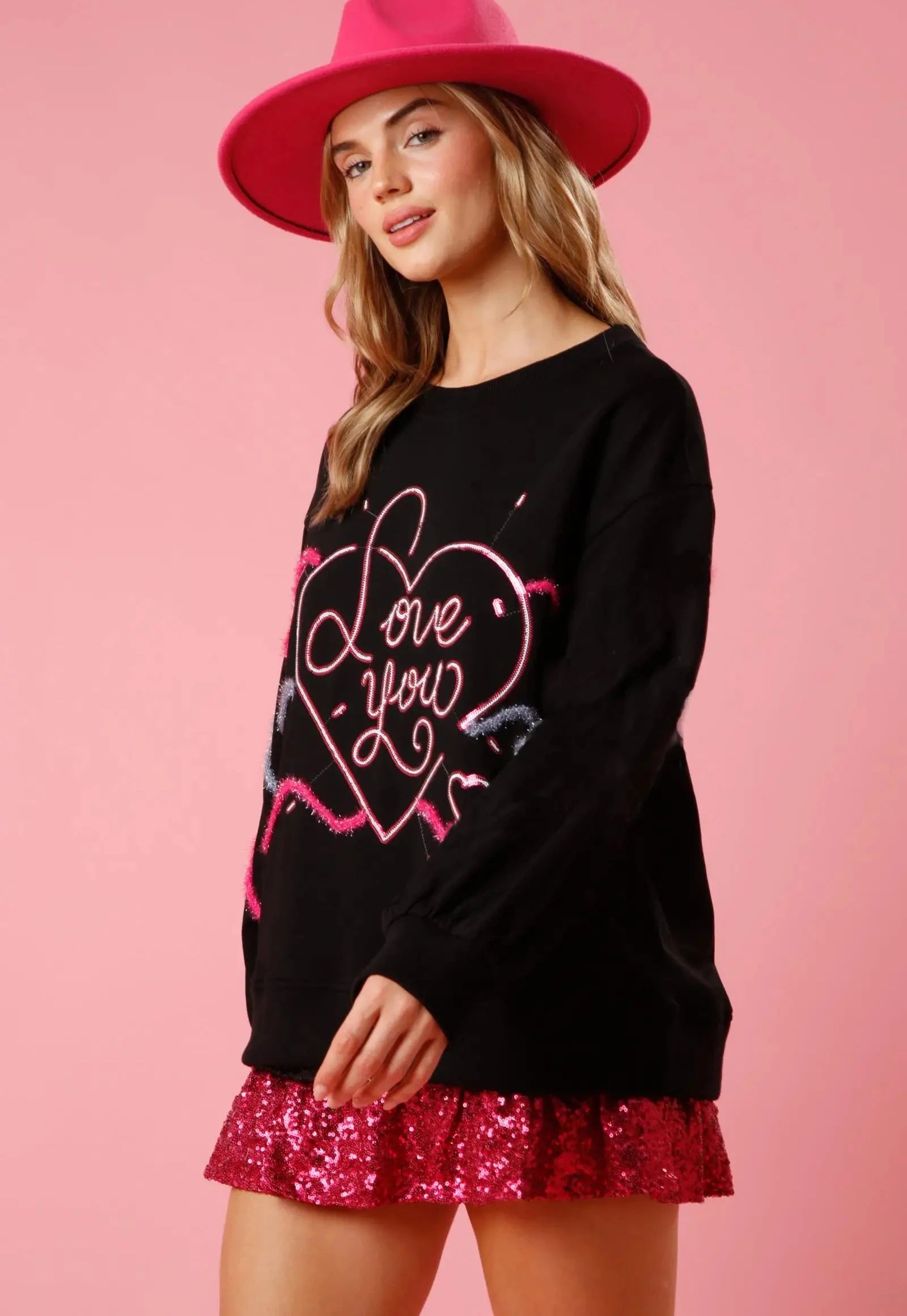 Valentine's Day Love Sequin Round Neck Knitted Sweatshirt