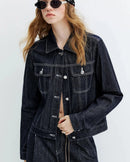 A slim 100% cotton denim jacket with a polo collar, button front and practical pockets, designed for Y2K streetwear style that layers from day to night.
