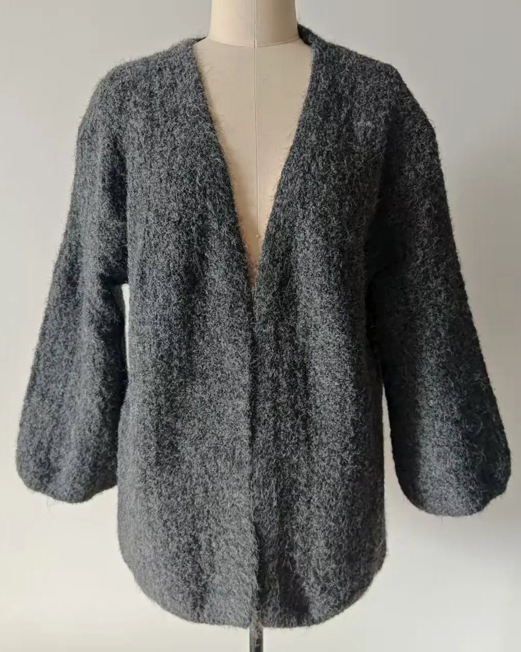 Solid V-Neck Lantern Sleeve Loose Knit Cardigan