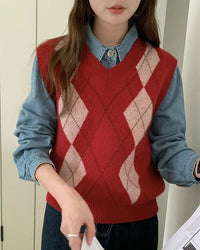 Plaid Wool V Neck Sweater Vest