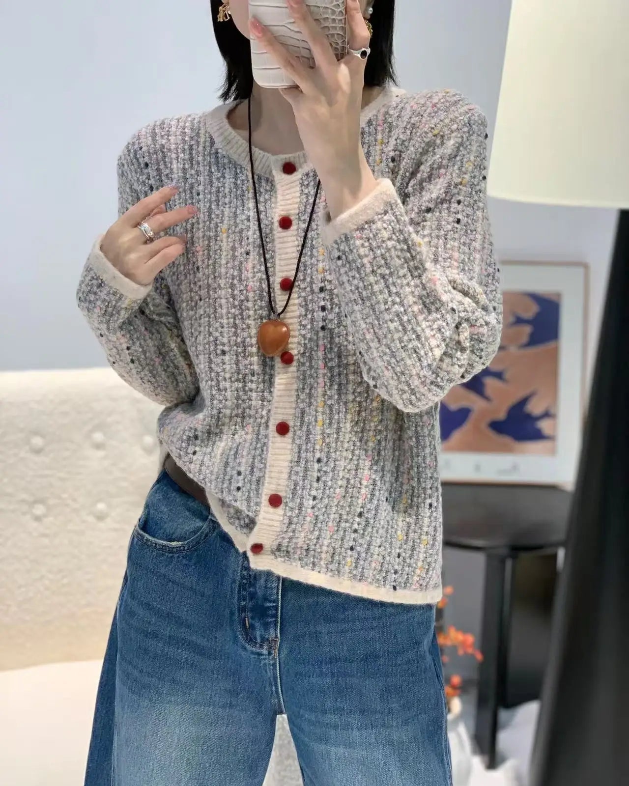 Merino wool blend O-neck colour stripe open cardigan sweater. Medium weight, medium stretch — an elegant, casual autumn winter knitwear outdoor top for women.