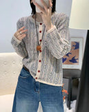 Merino wool blend O-neck colour stripe open cardigan sweater. Medium weight, medium stretch — an elegant, casual autumn winter knitwear outdoor top for women.