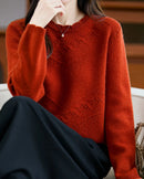 Pointelle Merino Wool Crewneck Sweater