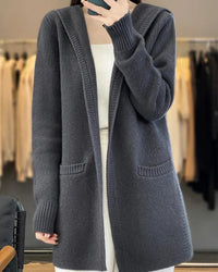 100% Merino Wool Hooded Loose Mid-Long Open Cardigan Coat