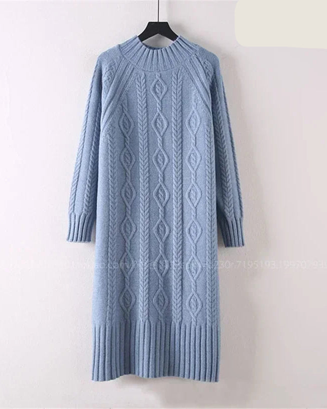 Mock-Neck Ribbed Knit Midi Sweater Dress