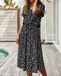 Polka Dot Short Sleeve Drawstring High-Waist Dress