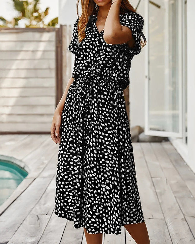 Polka Dot Short Sleeve Drawstring High-Waist Dress
