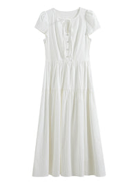 High Waist Round Neck Tie-Waist Cap Sleeve Dress