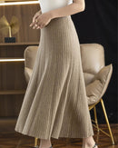 Elegant Pleated Wool A-Line Long Skirt