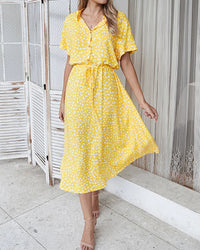 Polka Dot Short Sleeve Drawstring High-Waist Dress