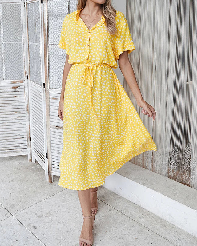 Polka Dot Short Sleeve Drawstring High-Waist Dress