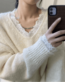 Soft V-Neck Lace-Trimmed Loose Knit Sweater