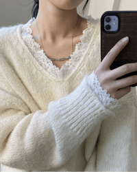 Soft V-Neck Lace-Trimmed Loose Knit Sweater
