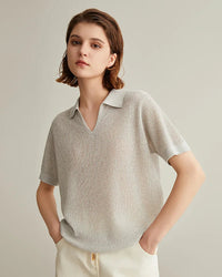 Linen Silk Polo Collar Knit Short-Sleeved Shirt