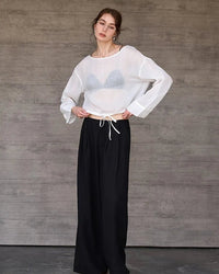 Ramie Crew Neck Long Sleeve Drawstring T-Shirt