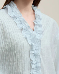 Ruffled V-Neck Long-Sleeved Loose-Fitting Shirt