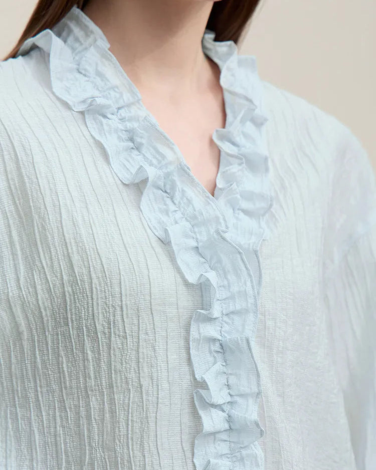 Ruffled V-Neck Long-Sleeved Loose-Fitting Shirt