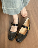 Women’s square toe Mary Janes in nude, silk flat shoes with buckle strap and shallow design, perfect for spring and autumn casual wear.