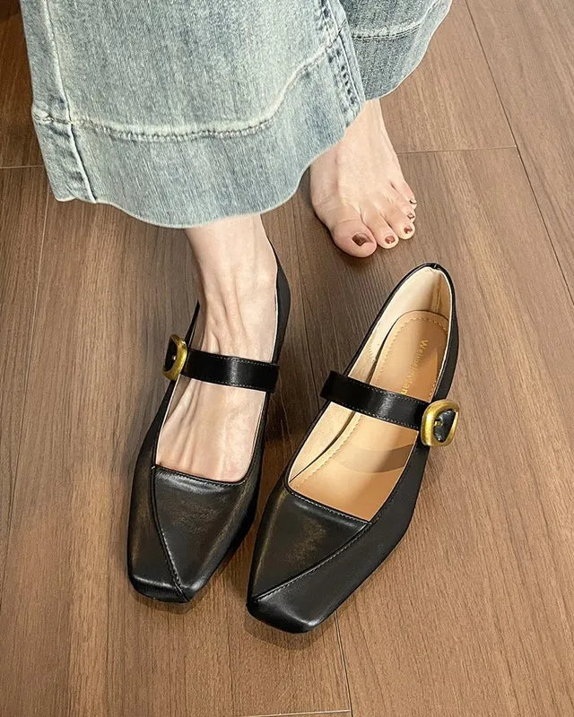 Women’s square toe Mary Janes in nude, silk flat shoes with buckle strap and shallow design, perfect for spring and autumn casual wear.