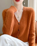 Wool V-Neck Curled Twisted Hollow-Out Open Cardigan