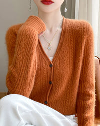 Wool V-Neck Curled Twisted Hollow-Out Open Cardigan