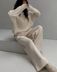 Loose Knit Sweatshirt & Wide-Leg Pants Two-Piece Set