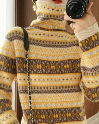 Wool Colour Block Turtleneck Loose Knit Pullover
