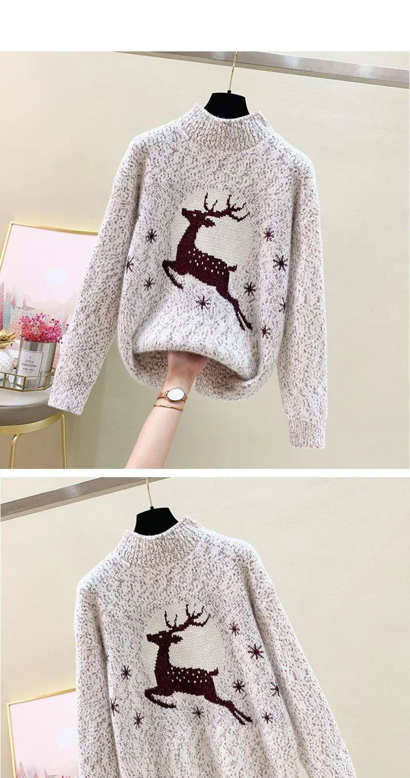 Elk printed Mink Velvet Mock Neck Sweater