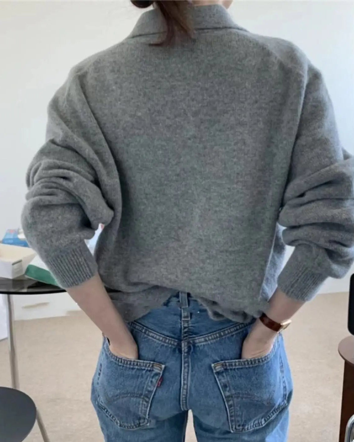 Polo Collar Gray Wool Sweater