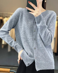 Wool O-Neck Seamless Single-Breasted Open Cardigan Sweater