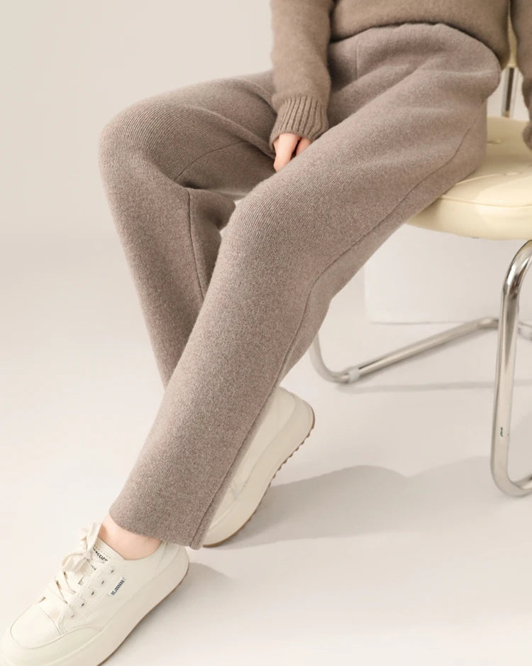 Merino Wool Solid High Waist Knit Pencil Trousers