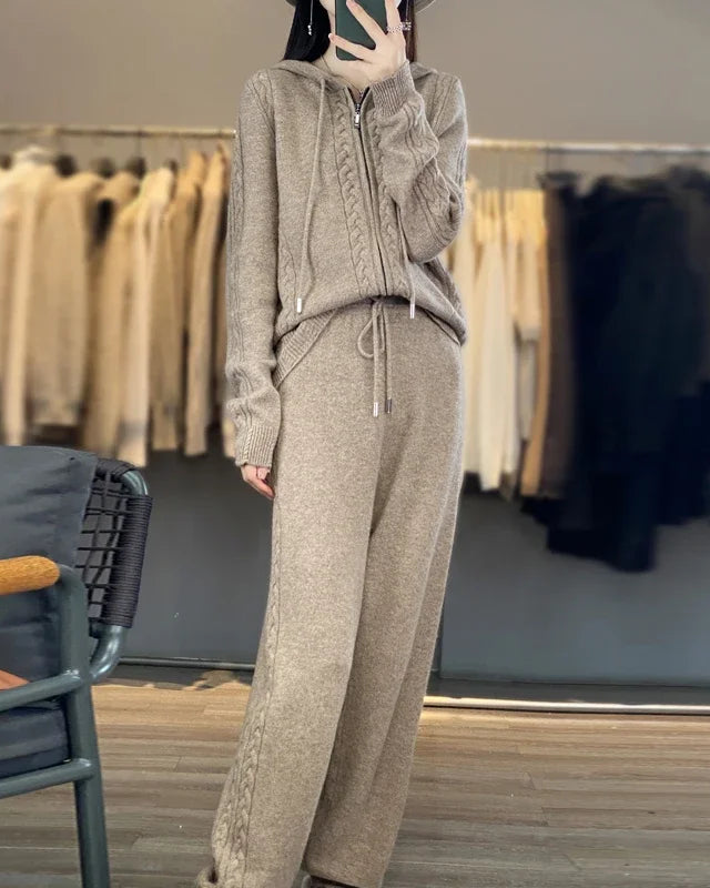 Wool Blend Hooded Zip Cardigan & Wide-Leg Pants Set