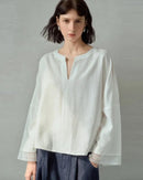 Linen V-Neck Long-Sleeved Openwork Loose Shirt